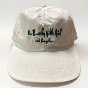 Vtg Beverly Hills Hotel & Bungalows White Cap Hat Embroidered Green Logo Rare